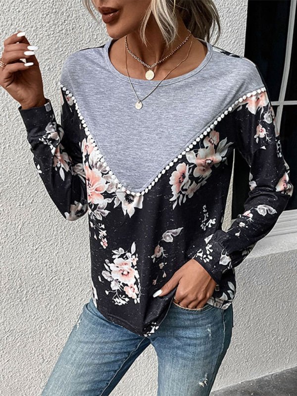 New women's long - sleeved color block sweater thin sweater T-shirt - Top